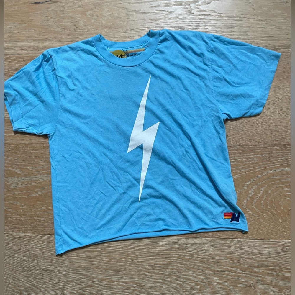 Aviator Nation Sky Blue Tee with White Lightning Bolt women's size small